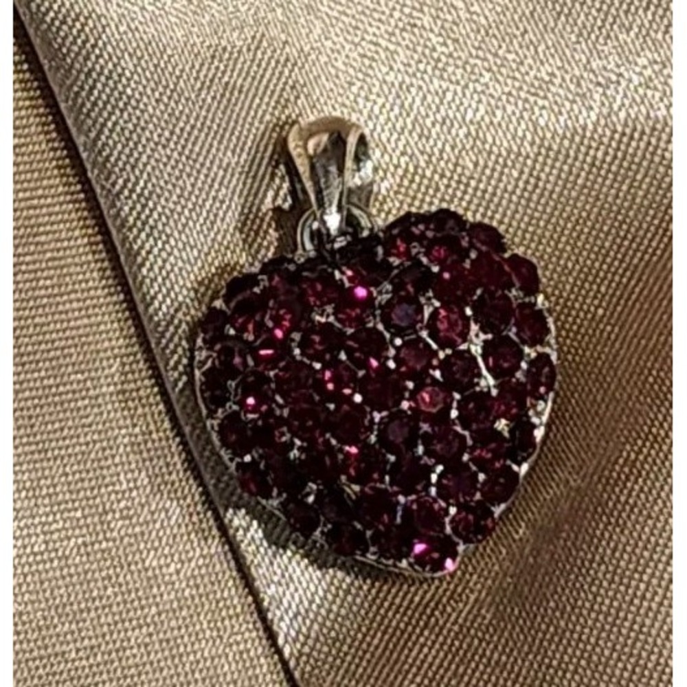Red Rhinestone Puffy Heart Pendant Silver Tone Gift Birthday Christmas Valentine